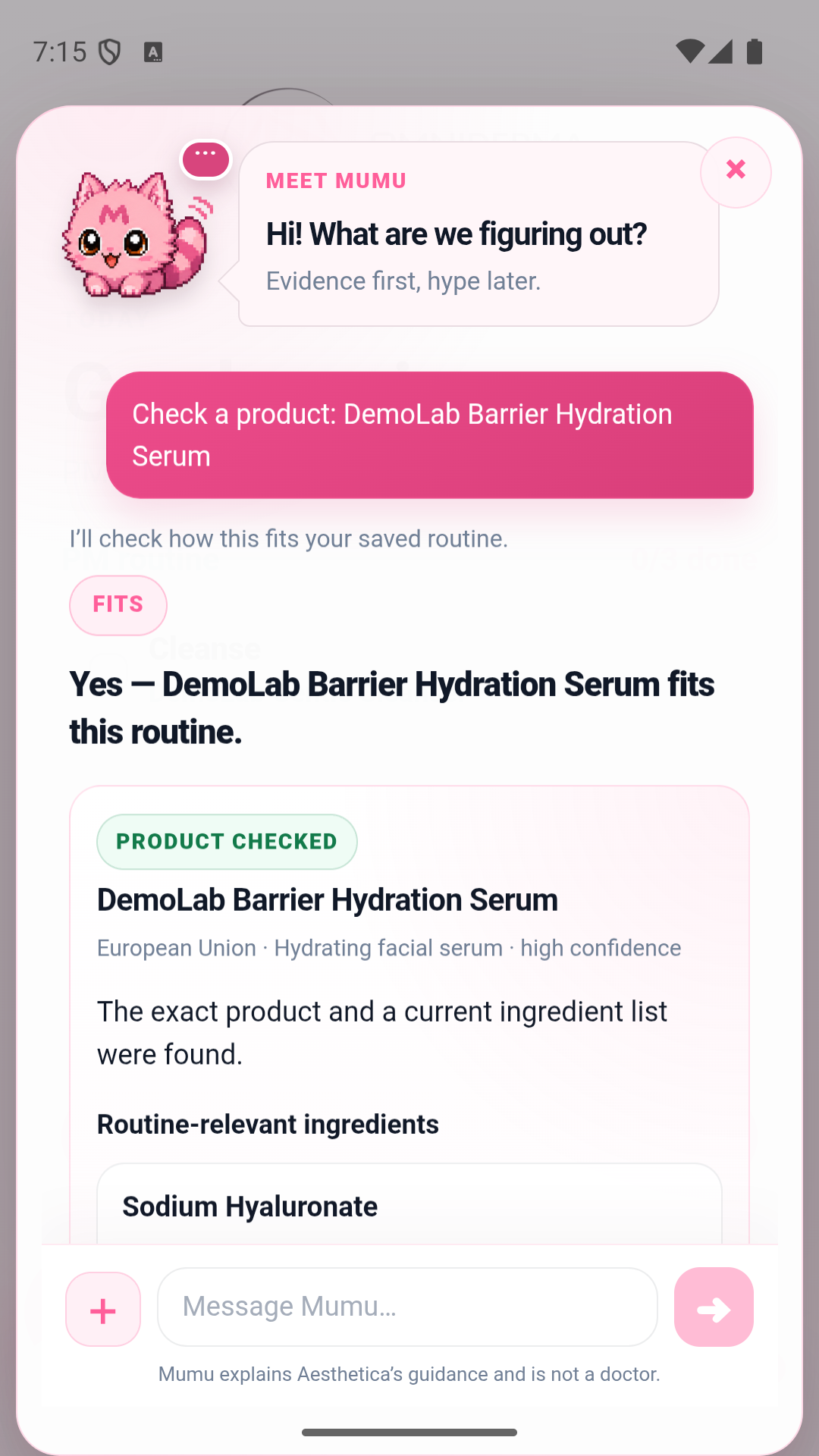 Mumu identifies a serum, gives a clear yes verdict, and presents ingredient evidence.