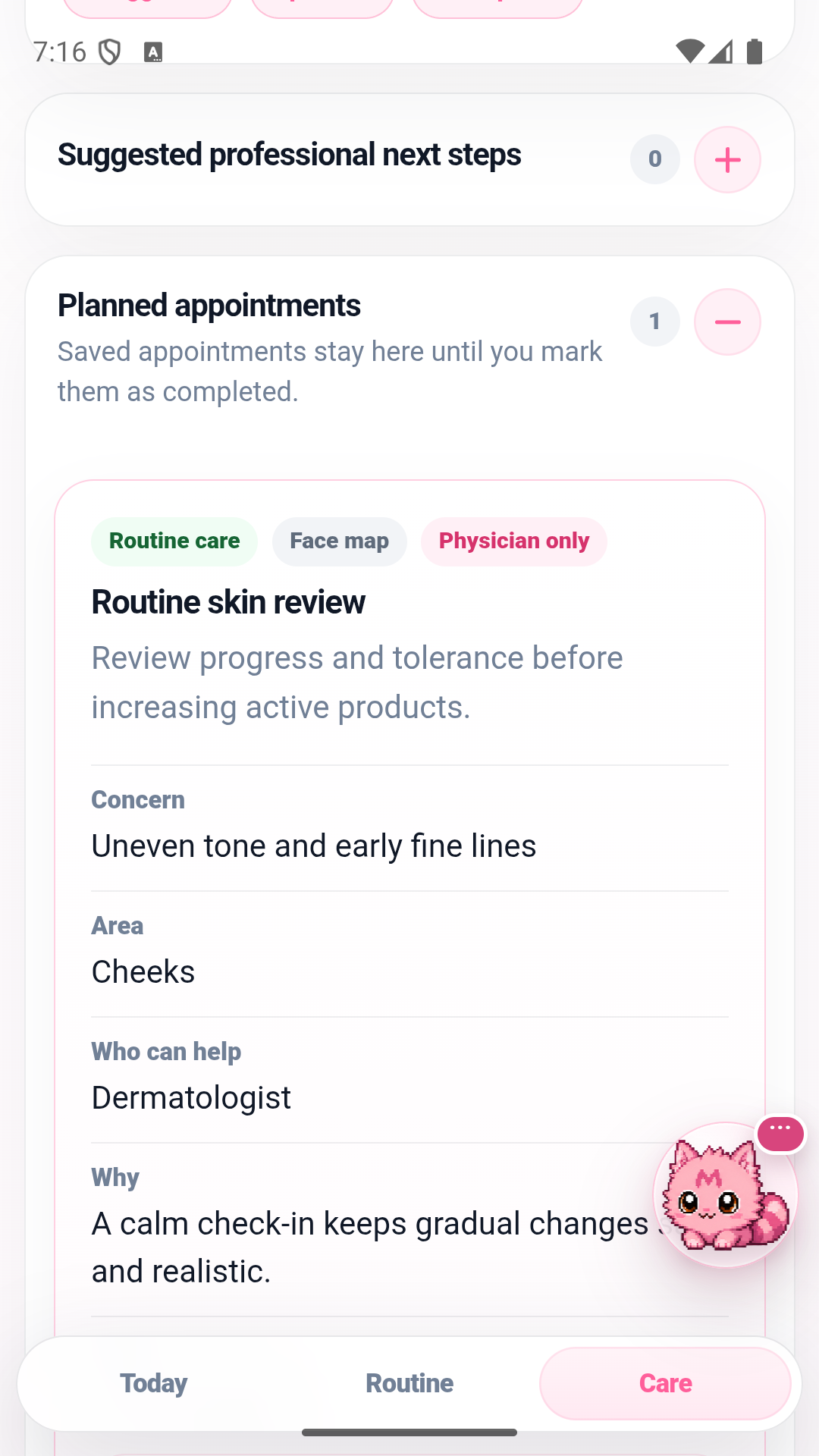 A care-plan appointment card connecting routine progress with professional follow-up.
